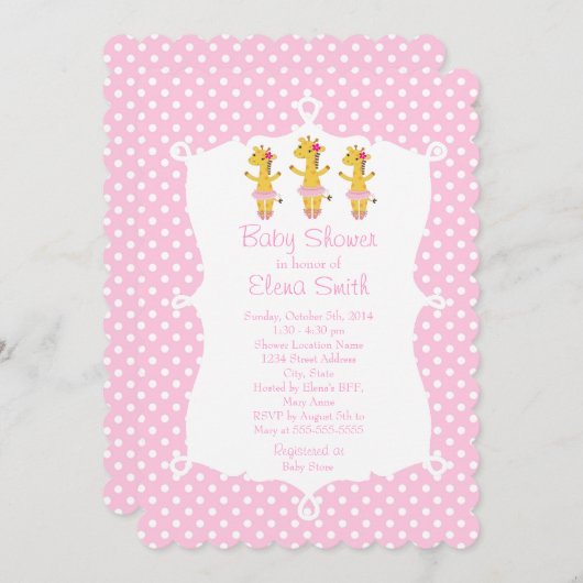 サファリのバレリーナのピンクの水玉模様 招待状 (正面/裏面)