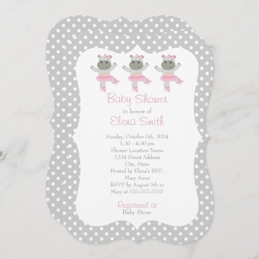 サファリのバレリーナの灰色の水玉模様のベビーシャワー 招待状 (正面/裏面)
