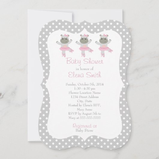 サファリのバレリーナの灰色の水玉模様のベビーシャワー 招待状 (正面)