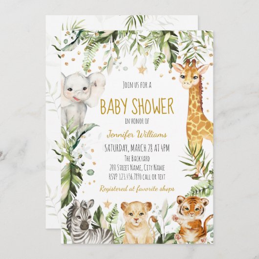 サファリのベビーアニマルのベビーシャワー 招待状 (正面/裏面)