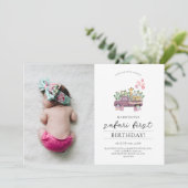 サファリのベビーアニマルクトラック1st誕生日パーティー写真 招待状 (スタンド正面)