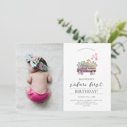 サファリのベビーアニマルクトラック1st誕生日パーティー写真 招待状 (スタンド正面)