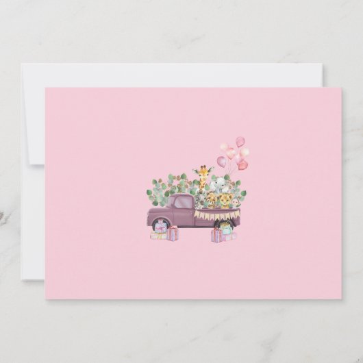 サファリのベビーアニマルクトラック1st誕生日パーティー写真 招待状 (裏面)