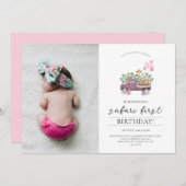 サファリのベビーアニマルクトラック1st誕生日パーティー写真 招待状 (正面/裏面)