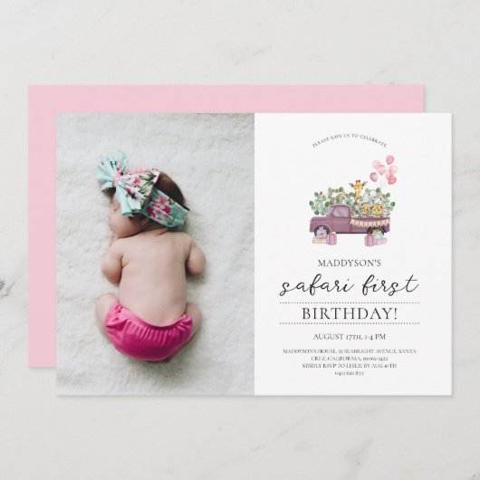サファリのベビーアニマルクトラック1st誕生日パーティー写真 招待状 (正面/裏面)