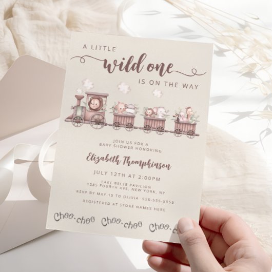 サファリのベビーアニマルズトレインニュートラルベビーシャワー 招待状