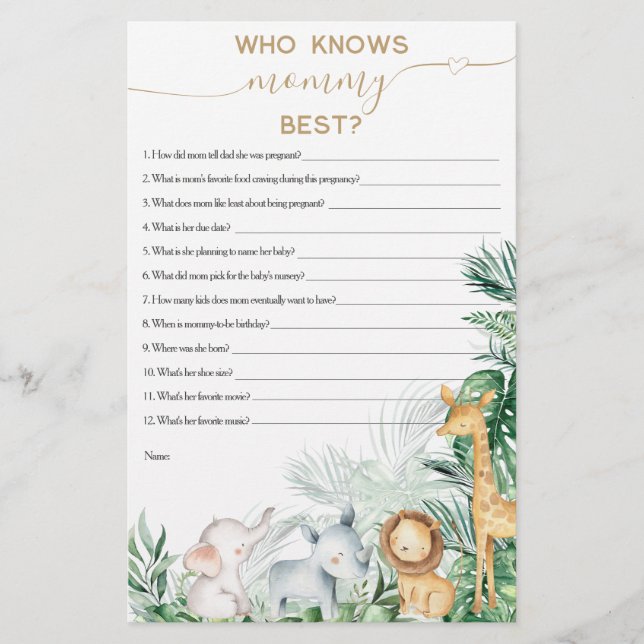 サファリのベビーアニマル緑のベビーシャワーゲーム (正面)