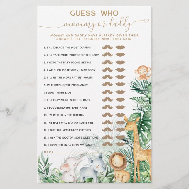 サファリのベビーアニマル緑のベビーシャワー推測ゲーム (正面)