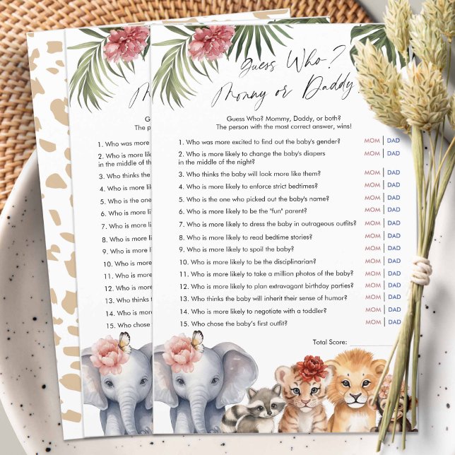 サファリのベビーガールシャワー誰がママかパパ (Safari Animals, baby Girl Shower game, Guess Who, Mommy or Daddy?)
