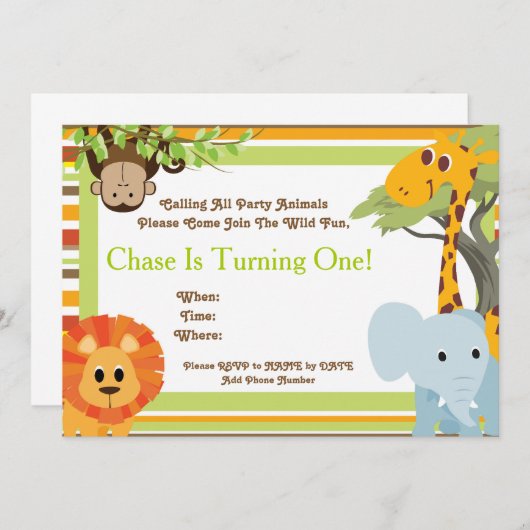 サファリのベビーシャワーかバースデーパーティ招待状 招待状 (正面/裏面)