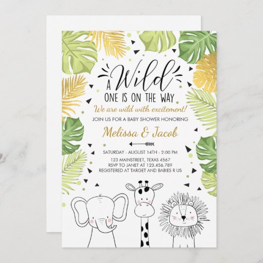 サファリのベビーシャワーの招待の動物園の野生のジャングル動物 招待状 (正面/裏面)