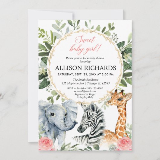 サファリのベビーシャワーの甘い女の赤ちゃんのジャングルのテーマ 招待状 (正面)