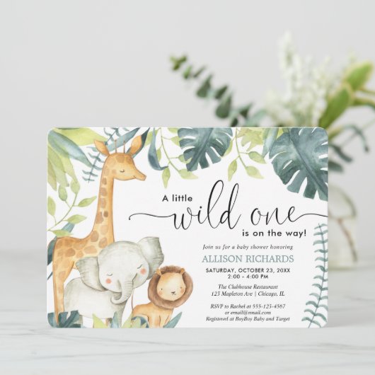 サファリのワイルドワン男女兼用ベビーシャワー 招待状 (スタンド正面)