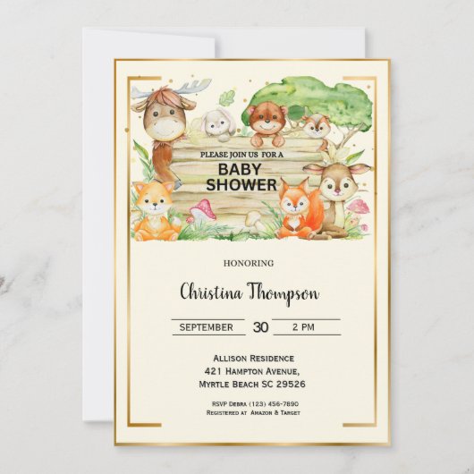 サファリの動物かわいい男女兼用赤ちゃんシャワー 招待状 (正面)