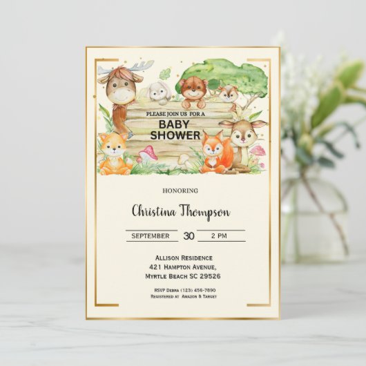 サファリの動物かわいい男女兼用赤ちゃんシャワー 招待状 (スタンド正面)