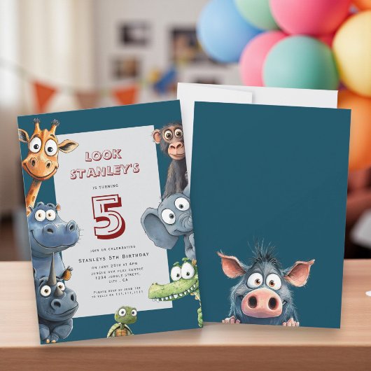 サファリの動物がかわいい5歳の誕生日カード 招待状