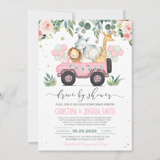 サファリの動物が赤ちゃんシャワーガールをドライブ 招待状 (正面)