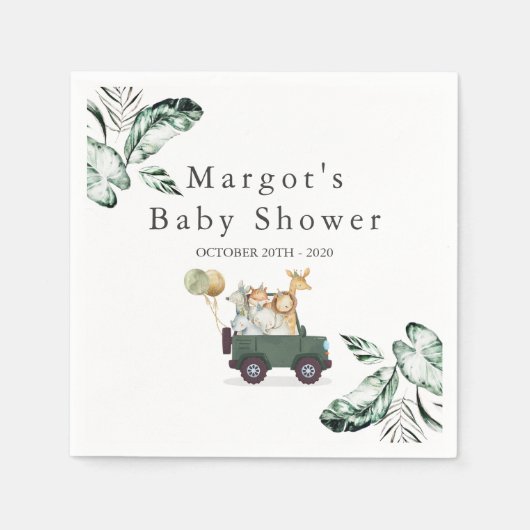 サファリの動物が赤ちゃんシャワー緑の金ゴールド スタンダードカクテルナプキン (正面)
