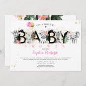 サファリの動物が赤ちゃんシャワー緑の金ゴールド 招待状 (正面/裏面)