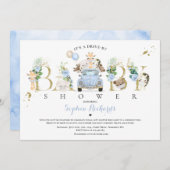 サファリの動物が赤ちゃんシャワー緑の金ゴールド 招待状 (正面/裏面)
