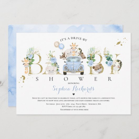 サファリの動物が赤ちゃんシャワー緑の金ゴールド 招待状 (正面/裏面)