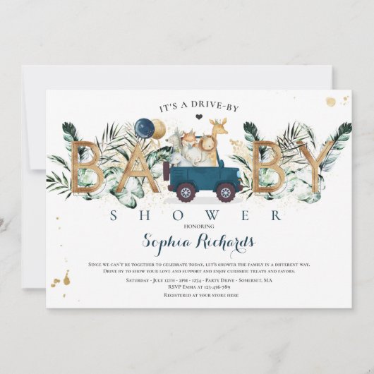 サファリの動物が赤ちゃんシャワー緑の金ゴールド 招待状 (正面)