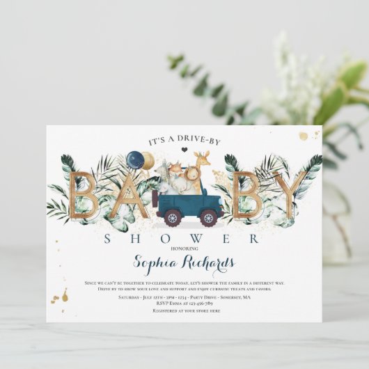 サファリの動物が赤ちゃんシャワー緑の金ゴールド 招待状 (スタンド正面)