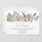 サファリの動物が赤ちゃんシャワー緑の金ゴールド 招待状 (正面)