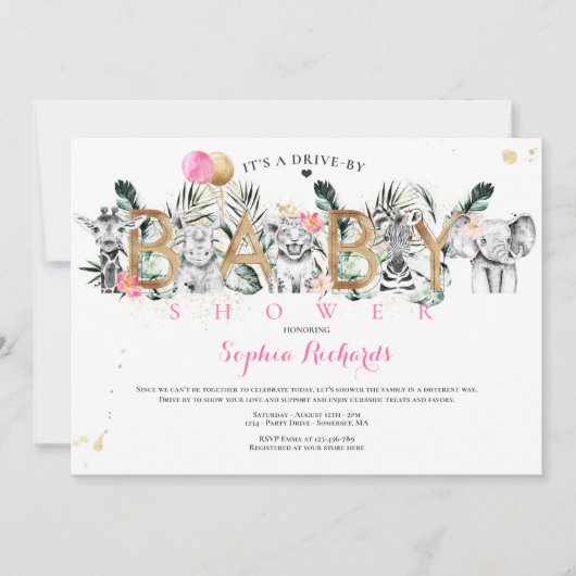 サファリの動物が赤ちゃんシャワー緑の金ゴールド 招待状 (正面)