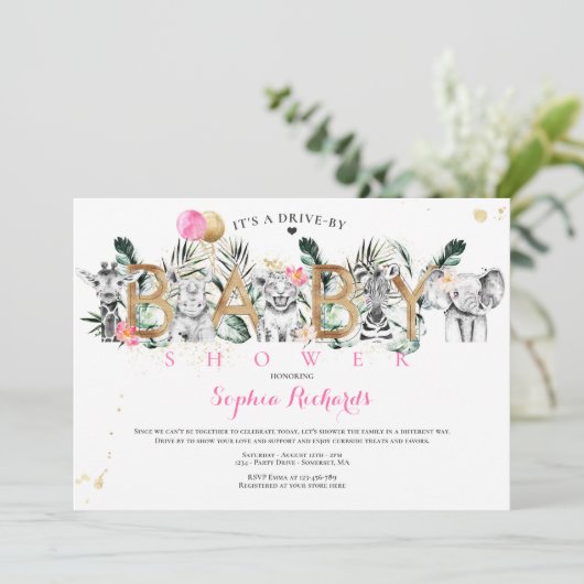 サファリの動物が赤ちゃんシャワー緑の金ゴールド 招待状 (スタンド正面)