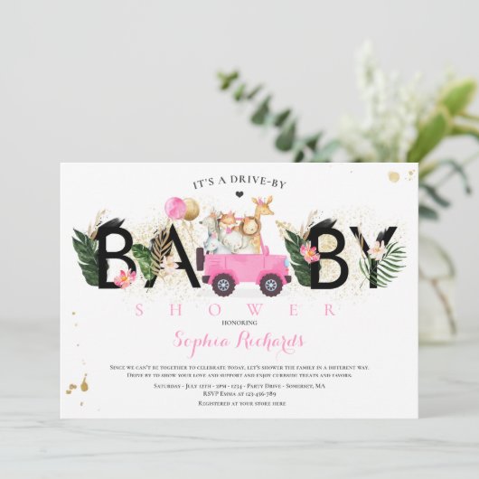 サファリの動物が赤ちゃんシャワー緑の金ゴールド 招待状 (スタンド正面)