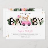 サファリの動物が赤ちゃんシャワー緑の金ゴールド 招待状 (正面/裏面)