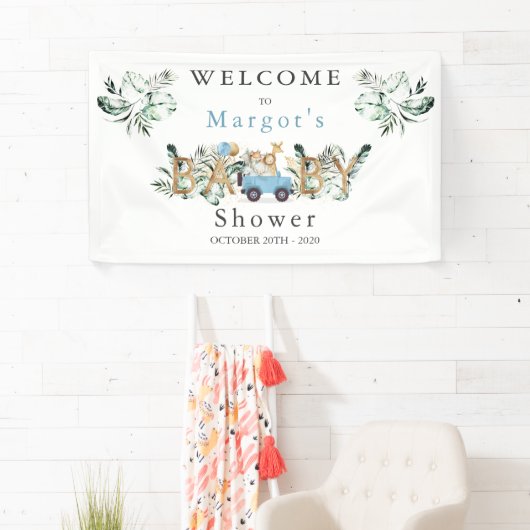 サファリの動物が赤ちゃんシャワー緑の金ゴールド 横断幕 (インサイチュ)