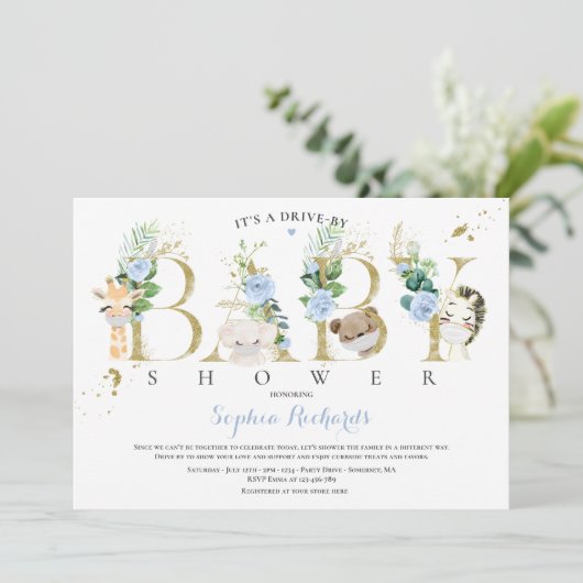サファリの動物が赤ちゃんシャワー緑の青でドライブ 招待状 (スタンド正面)