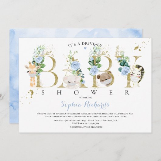 サファリの動物が赤ちゃんシャワー緑の青でドライブ 招待状 (正面/裏面)