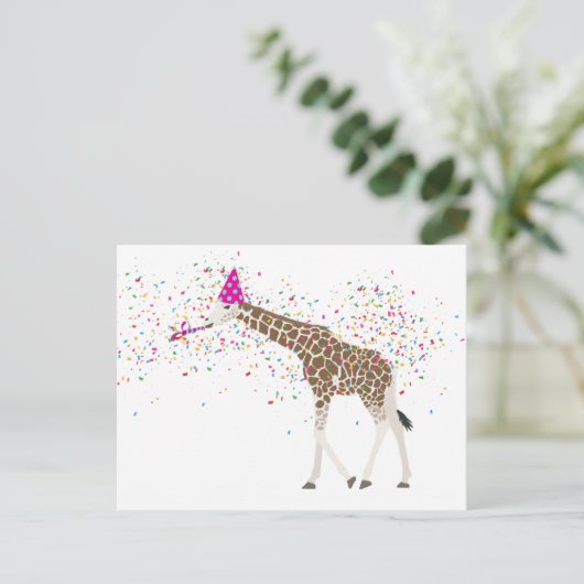 サファリの動物たちとパーティーするキリン シーズンポストカード (スタンド正面)