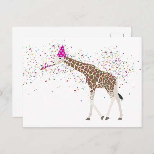 サファリの動物たちとパーティーするキリン シーズンポストカード (正面/裏面)