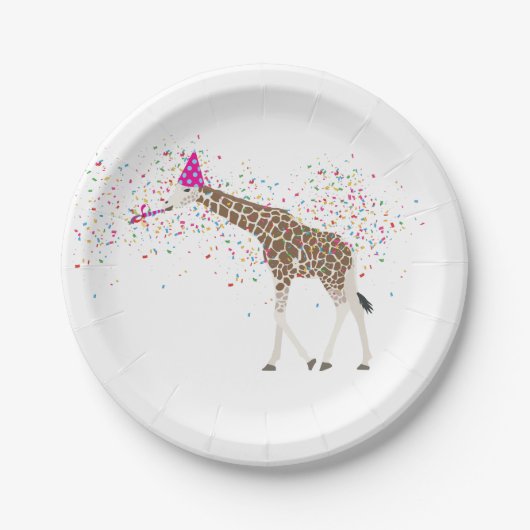 サファリの動物たちとパーティーするキリン ペーパープレート (正面)