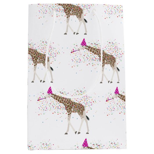 サファリの動物たちとパーティーするキリン ミディアムペーパーバッグ (正面)