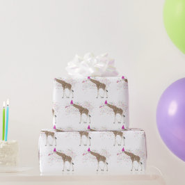 サファリの動物たちとパーティーするキリン ラッピングペーパー