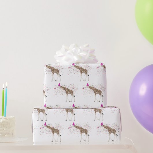 サファリの動物たちとパーティーするキリン ラッピングペーパー (パーティーギフト)