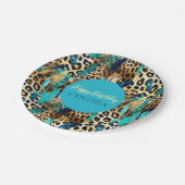 サファリの動物たちの毛皮のプリント柄は青と金色だ ペーパープレート (アングル)