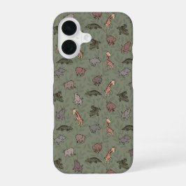 サファリの動物たち (ゾウ、キリン、ワニ、サイ) iPhone 16ケース