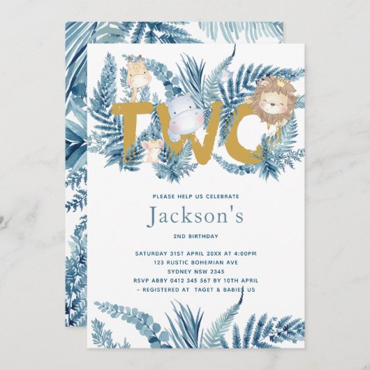 サファリの動物たち 誕生日おめでとう（2歳） 招待状 (正面/裏面)