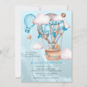 サファリの動物とバルーン青い男の子の赤ちゃんシャワー 招待状 (正面)