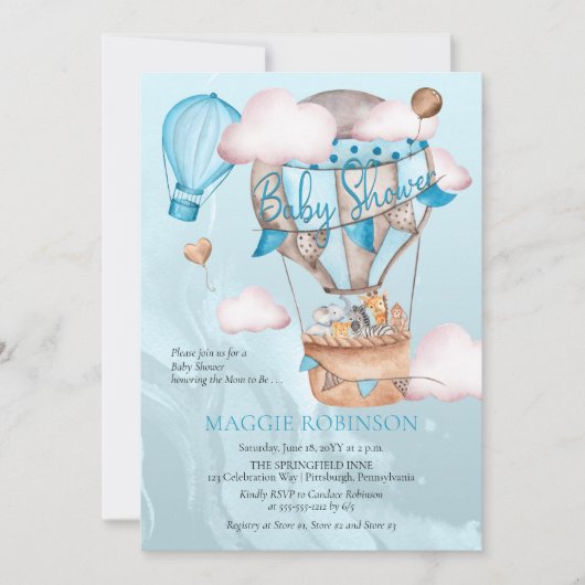 サファリの動物とバルーン青い男の子の赤ちゃんシャワー 招待状 (正面)