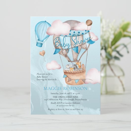 サファリの動物とバルーン青い男の子の赤ちゃんシャワー 招待状 (スタンド正面)