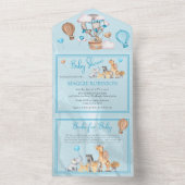 サファリの動物とバルーン青い男の子ベビーシャワーI オールインワン招待状 (内側)