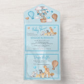 サファリの動物とバルーン青い男の子ベビーシャワーI オールインワン招待状 (内側)