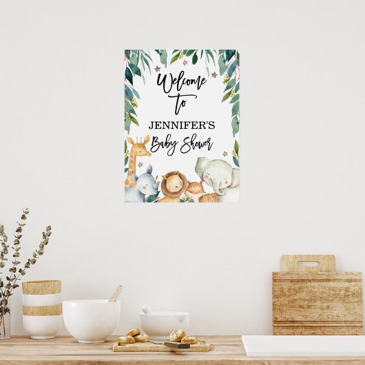 サファリの動物と緑の歓迎ベビーシャワー ポスター (キッチン)